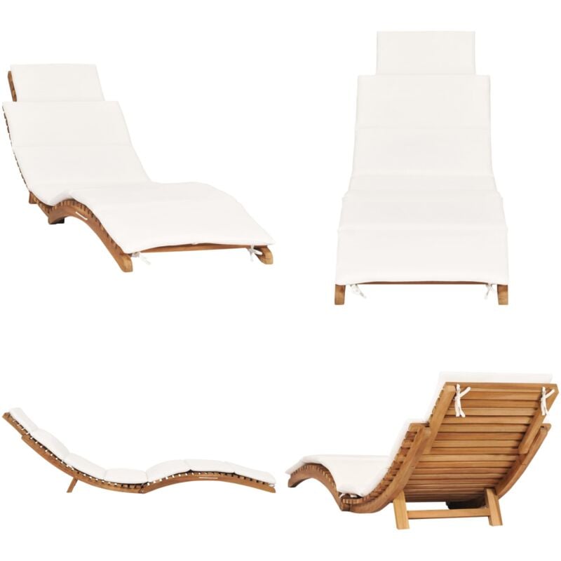 Chaise longue pliable avec coussin blanc crème Bois de teck - Chaise Longue - Transat - Mobilier De Jardin - Chaise Longue En Bois - Jardin - Home &