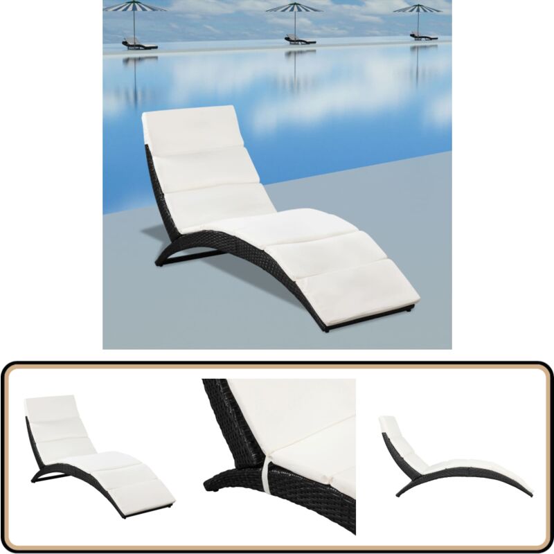 Chaise longue pliable avec coussin Résine tressée Noir - Chaises Longues Pliables - Chaises Longues Jardin - Transats - Mobilier De Jardin - Chaise
