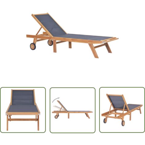 Chaise longue pliable avec roulettes Teck massif et textilène