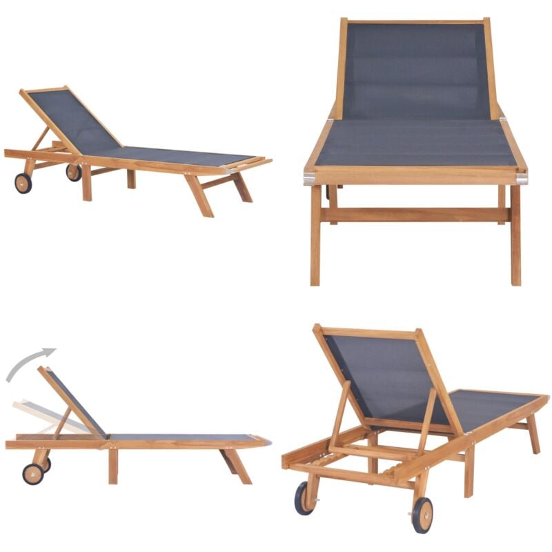 Chaise longue pliable avec roulettes Teck massif et textilène - Transat Jardin - Chaise Longue Teck - Mobilier De Jardin - Chaises Longues Pliables