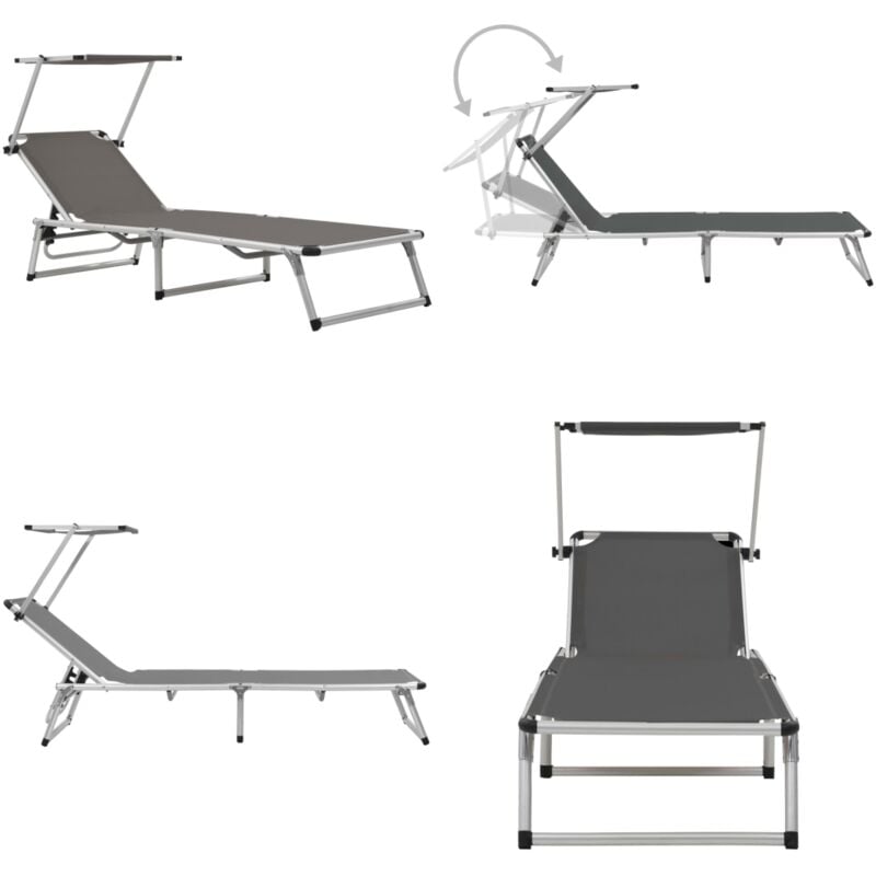 Vidaxl - Chaise longue pliable avec toit aluminium et textilène gris - Chaises Longues Pliables - Transats - Mobilier De Jardin - Chaises Longues