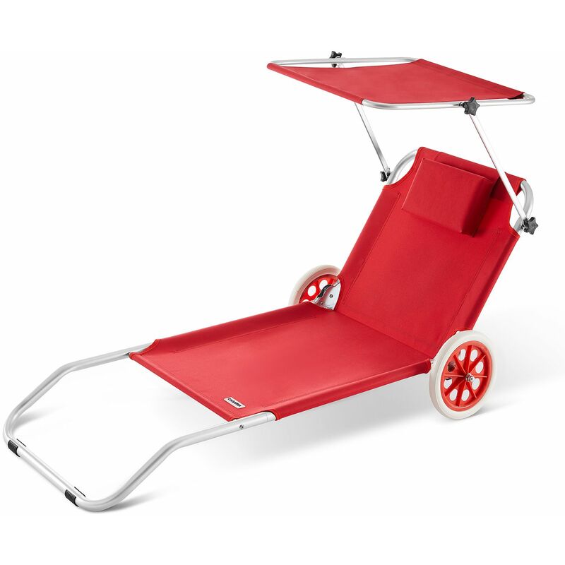Chaise longue Crête de plage transat pliable chariot de transport avec pare soleil réglable voyage robuste Rouge