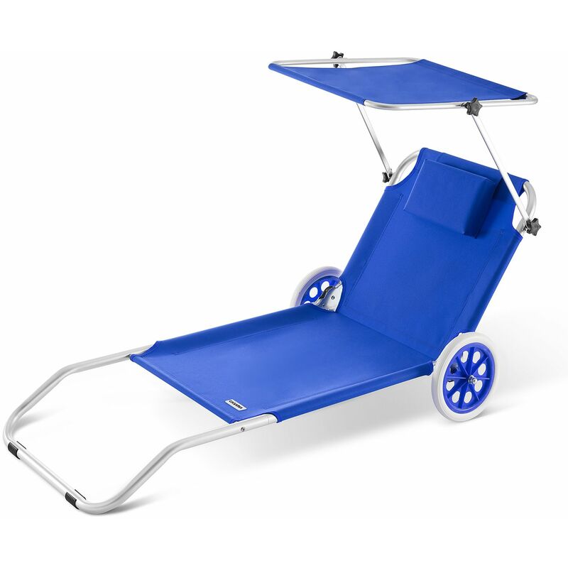 Chaise longue Crête de plage transat pliable chariot de transport avec pare soleil réglable voyage robuste Bleu