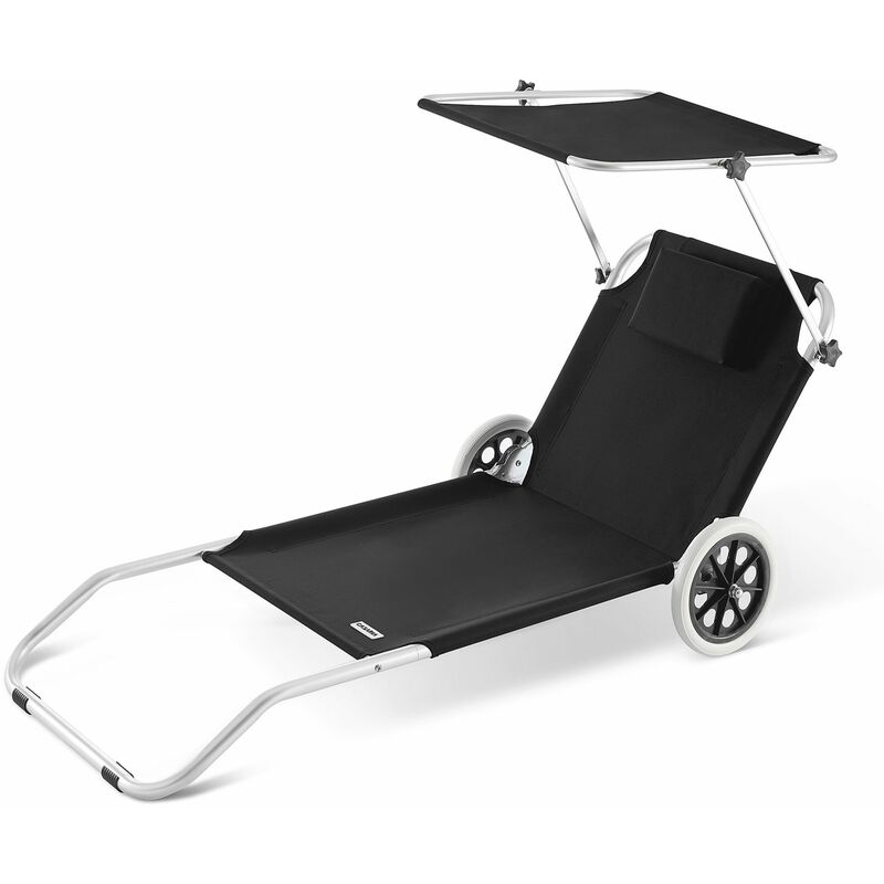 Chaise longue Crête de plage transat pliable chariot de transport avec pare soleil réglable voyage robuste Anthracite