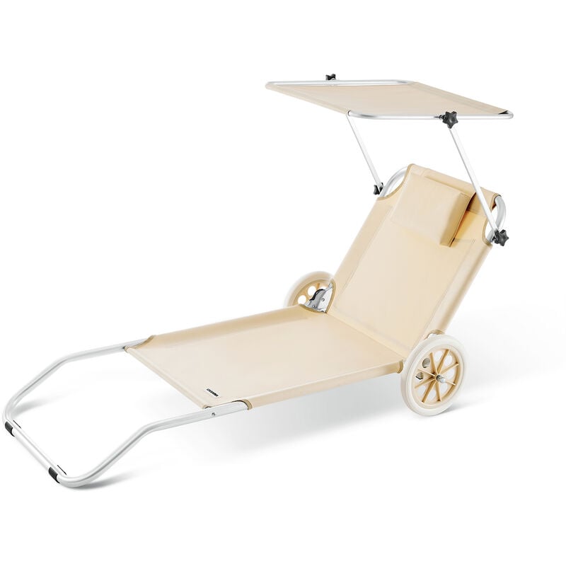 Casaria - Chaise longue Crête de plage transat pliable chariot de transport avec pare soleil réglable voyage robuste Beige