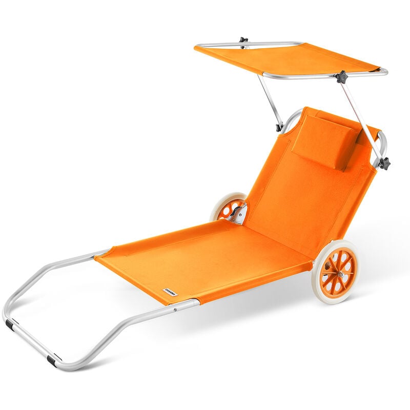 Casaria - Chaise longue Crête de plage transat pliable chariot de transport avec pare soleil réglable voyage robuste Orange