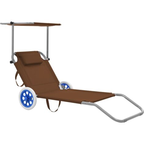 Chaise longue pliable  Bain de soleil Transat avec auvent et roues Acier Taupe 47726