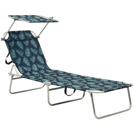 Chaise longue pliable-Bain de soleil-Transat de relaxation avec auvent motif de feuilles aluminium 845883