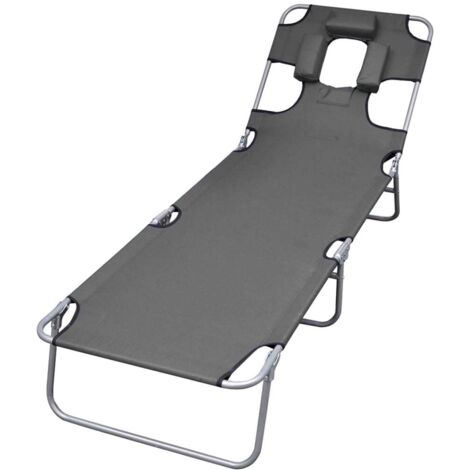 Chaise longue pliable  Bain de soleil Transat et coussin de tête Dossier réglable Gris 61374