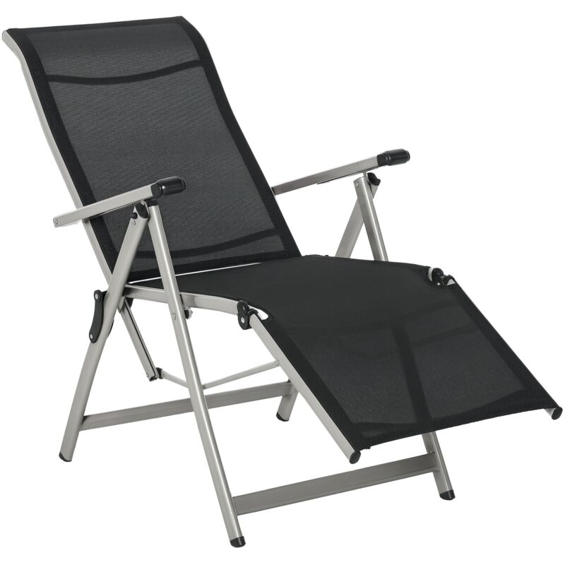 Chaise longue pliable dossier & repose-pied réglable multi-positions métal époxy textilène noir