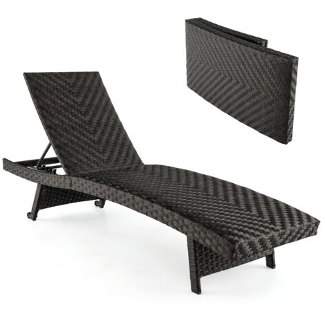 Chaise Longue Pliable en Rotin PE Dossier Inclinable à 5 Positions 2 Roues Arrière Patins Antidérapants Bain de Soleil Marron DESIGN IN
