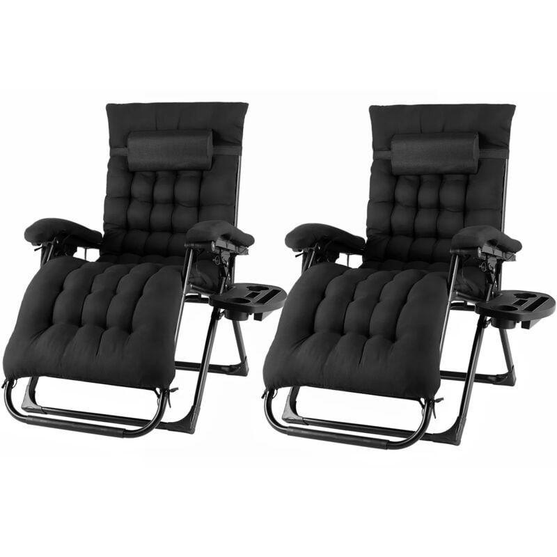 Chaise Longue Pliable,Transat en Textilène de Jardin,Pack de 2, avec coussin,Charge maximale: 160kg -Noir
