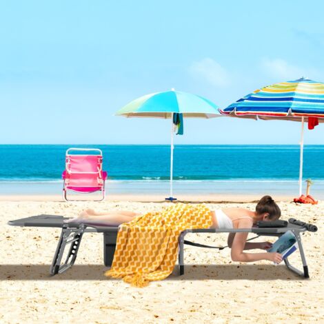 Chaise Longue Pliante à 5 Positions Repose-pieds Réglables Trou pour Le Visage Oreiller Amovible Poche de Rangement Chaise Pliable et Légère Gris