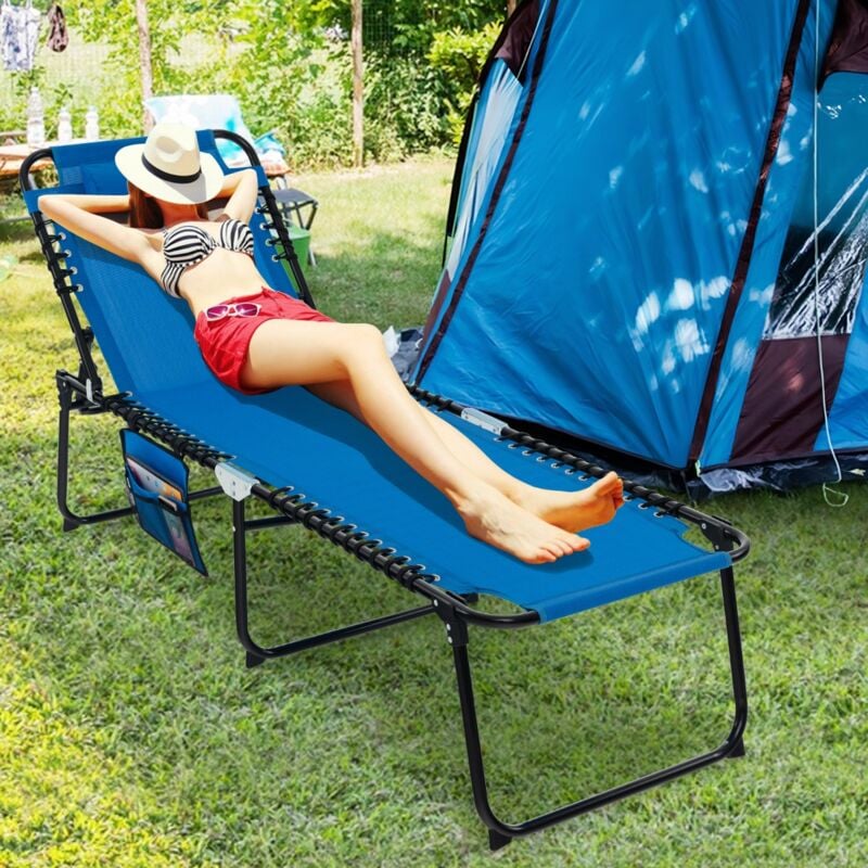 Chaise Longue Pliante Appuie-tête Amovible Dossier Réglable 4 Positions Acier Antirouille Camping Terrasse Bleu CW38785