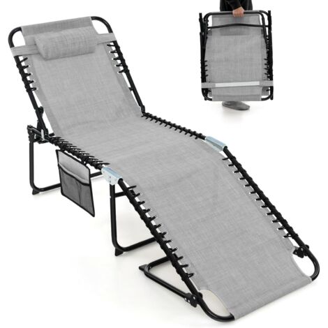 Chaise Longue Pliante avec Appuie-tête Amovible Dossier Réglable à 4 Positions Acier Antirouille pour Camping Terrasse, Gris