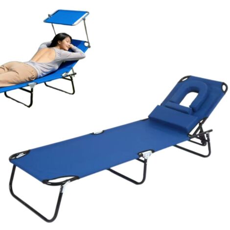 Chaise longue pliante, chaise de plage extérieure, réglable, avec appui-tête amovible, adaptée aux terrasses, jardins et camping, bleue.