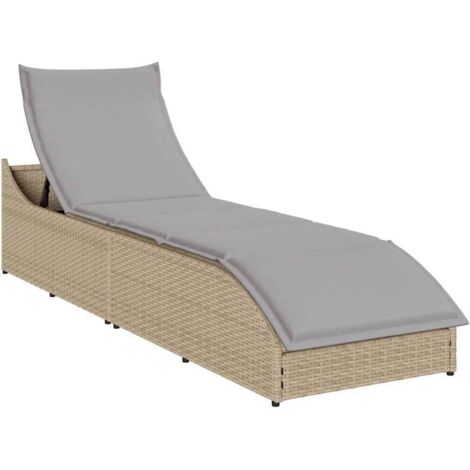 Chaise longue pliante coussin et rangement-Bain de soleil-Transat de relaxation beige résine tressée 983550