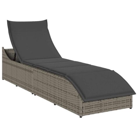 Chaise longue pliante coussin et rangement-Bain de soleil-Transat de relaxation gris résine tressée 656398