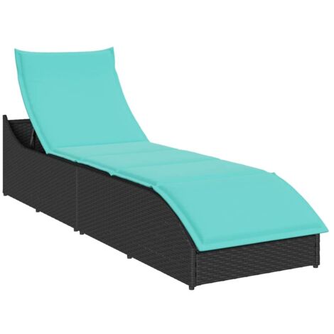 Chaise longue pliante coussin et rangement-Bain de soleil-Transat de relaxation noir résine tressée 178971