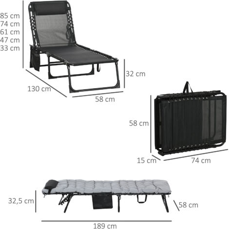 Chaise longue pliante, dossier inclinable 5 positions, coussin, matelas, jusqu'à 120 kg, acier, gris clair, 58 x 189 x 32,5 cm