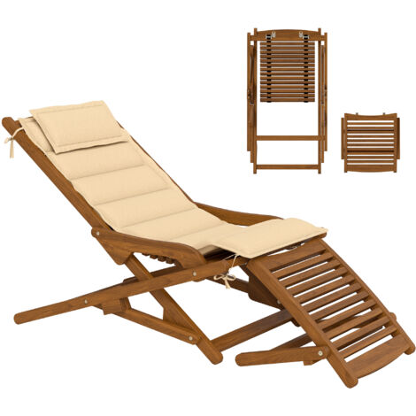 Chaise longue pliante en bois avec repose-pieds amovible et coussin avec appui-tête, capacité de charge 160 kg, 158 x 61 x 70 cm, beige