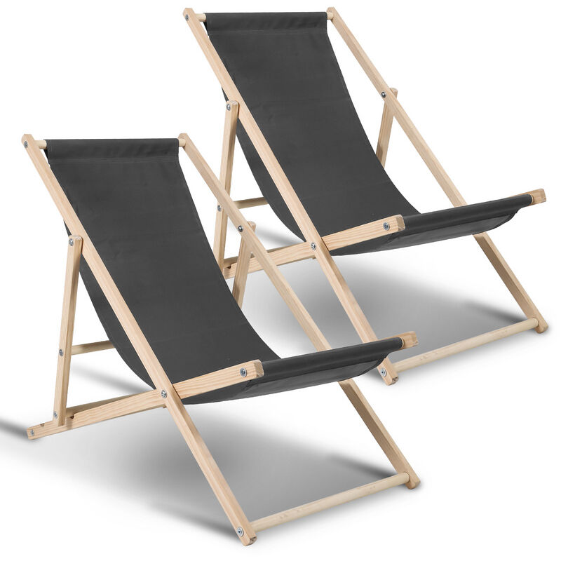 Swanew - Chaise longue pliante en bois Chaise de plage 3 positions Chilienne transat jardin exterieur Gris 2 pièces