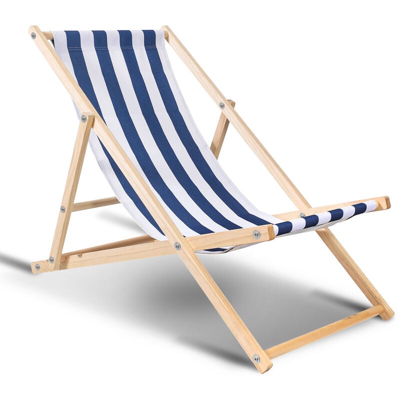 Chaise longue pliante en bois Chaise de plage 3 positions Chilienne transat jardin exterieur Bleu blanc