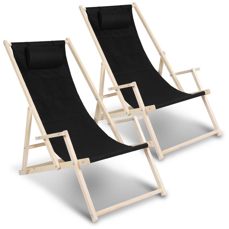 Swanew - Chaise longue pliante en bois Chaise de plage 3 positions Chilienne transat jardin exterieur noir Avec mains courantes 2 pièces
