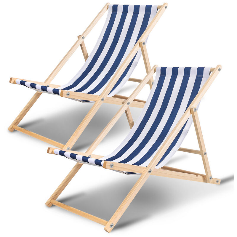 Swanew - Chaise longue pliante en bois Chaise de plage 3 positions Chilienne transat jardin exterieur Bleu blanc 2 pièces