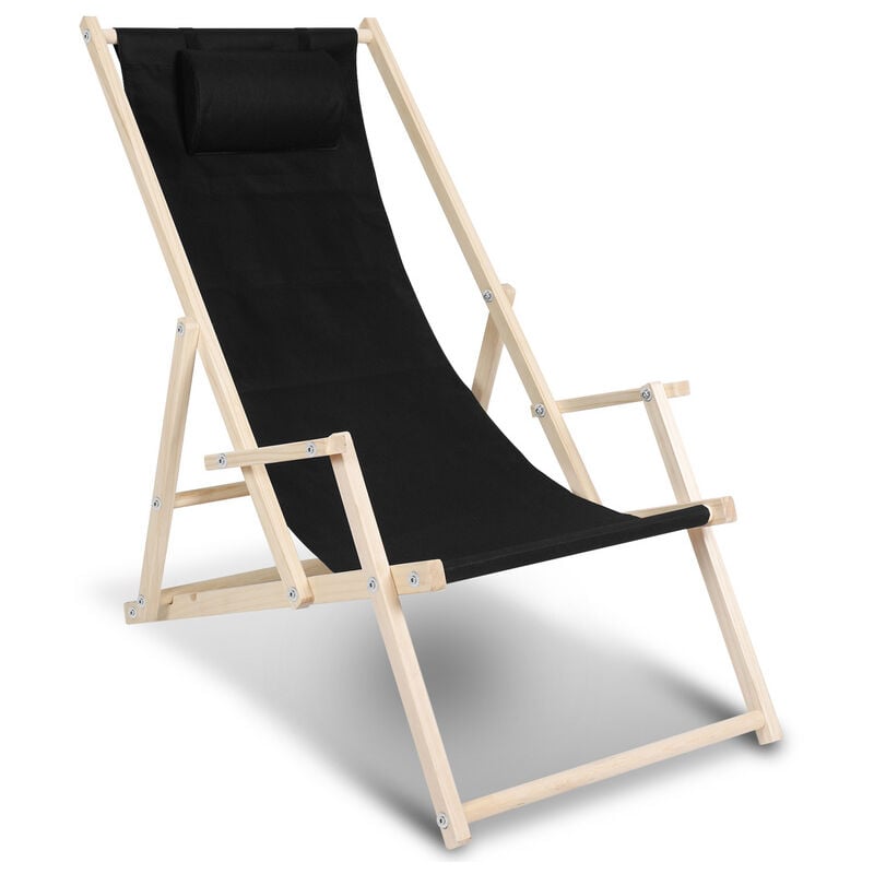 Chaise longue pliante en bois Chaise de plage 3 positions Chilienne transat jardin exterieur noir Avec mains courantes