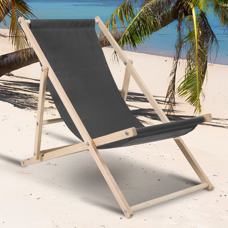 Chaise longue pliante en bois Chaise de plage 3 positions Chilienne transat jardin exterieur Gris