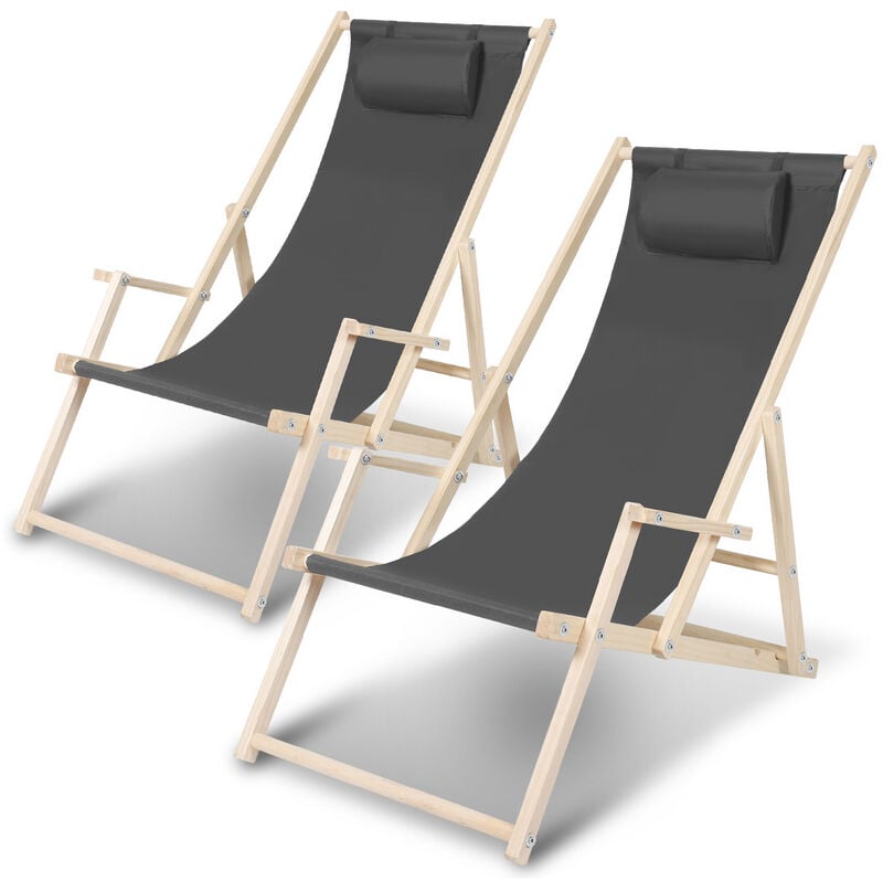 Swanew - Chaise longue pliante en bois Chaise de plage 3 positions Chilienne transat jardin exterieur Gris Avec Mains Courantes 2 pièces