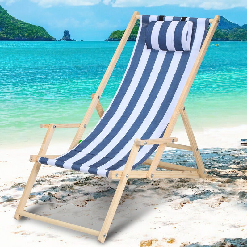 Swanew - Chaise longue pliante en bois Chaise de plage 3 positions Chilienne transat jardin exterieur Bleu blanc Avec mains courantes