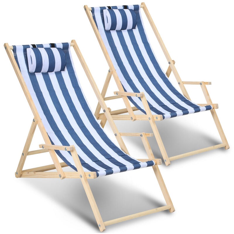 Chaise longue pliante en bois Chaise de plage 3 positions Chilienne transat jardin exterieur Bleu blanc Avec mains courantes 2 pièces