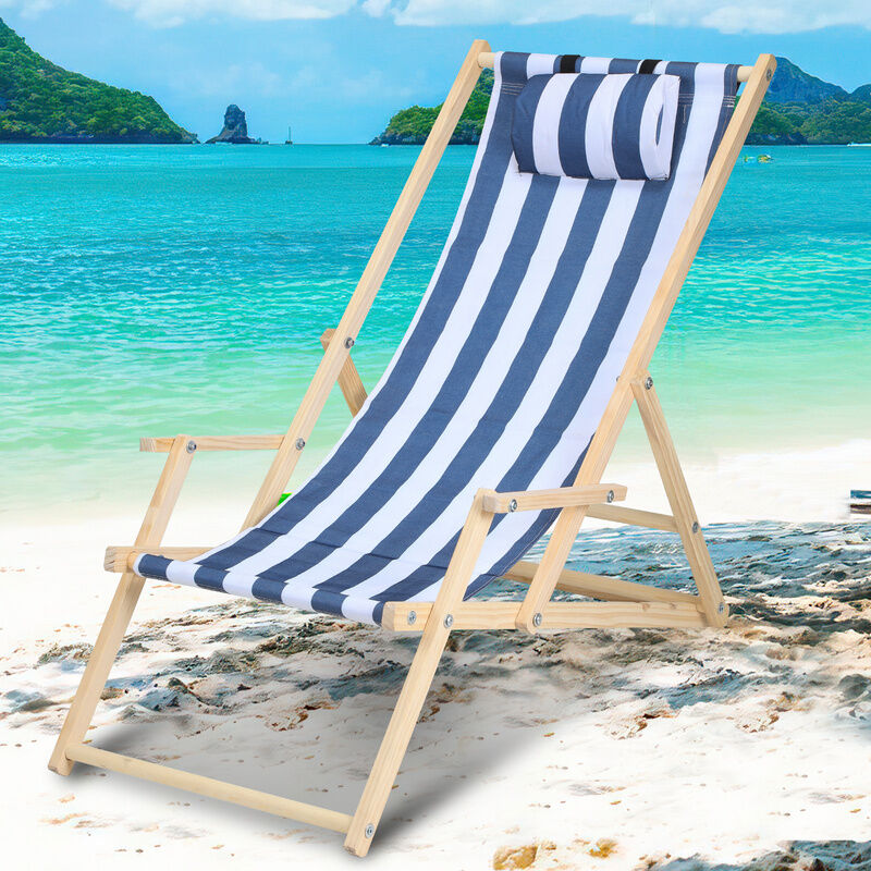 Chaise longue pliante en bois Chaise de plage 3 positions Chilienne transat jardin exterieur Bleu blanc Avec mains courantes - bleu blanc