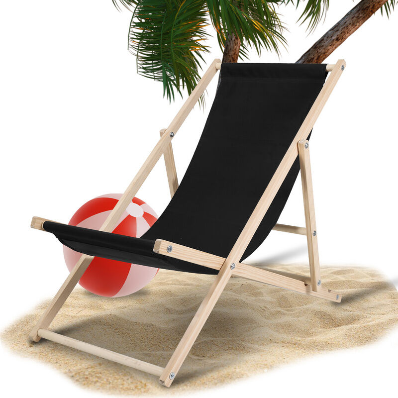 Chaise longue pliante en bois Chaise de plage 3 positions Chilienne transat jardin exterieur noir 2 pièces - noir
