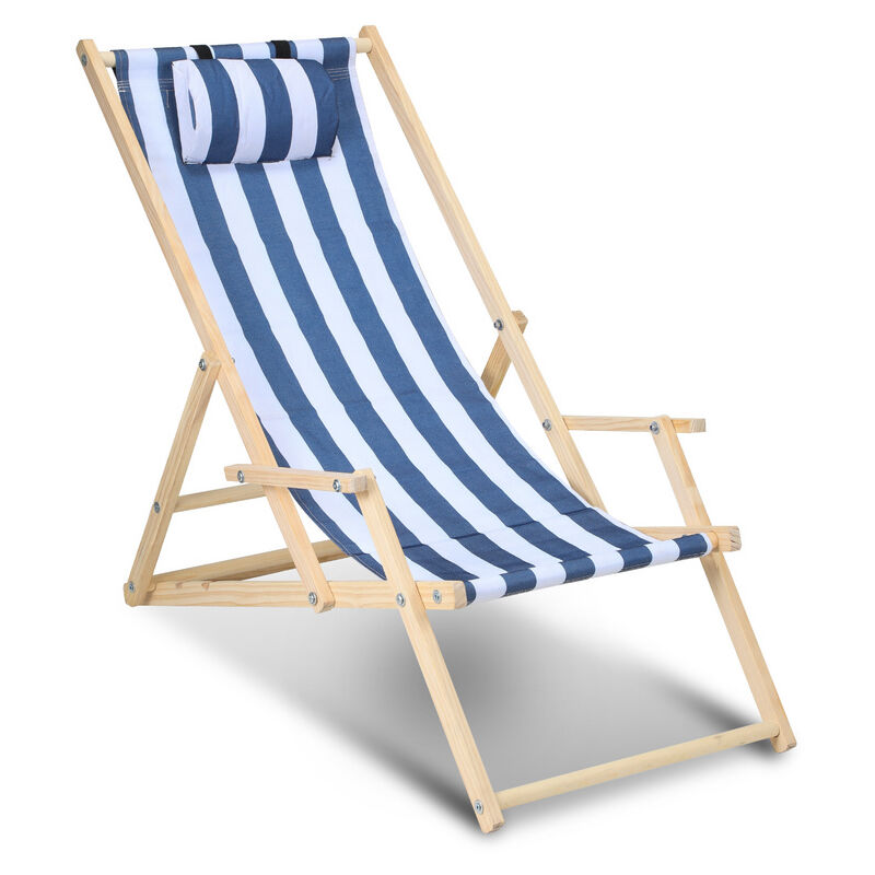Chaise longue pliante en bois Chaise de plage 3 positions Chilienne transat jardin exterieur Bleu blanc Avec mains courantes 2 pièces - bleu blanc