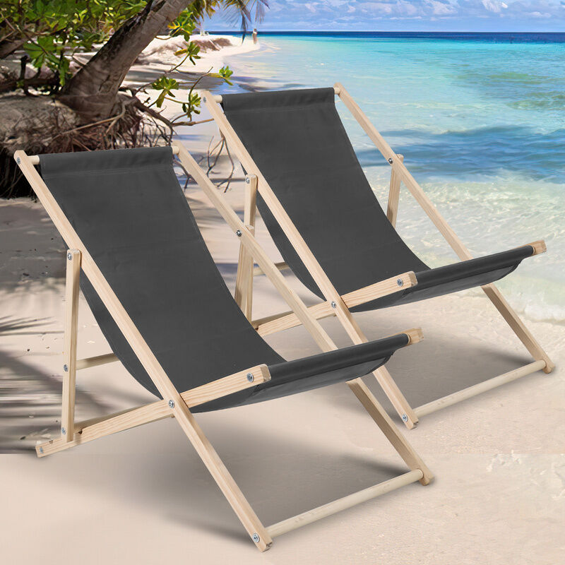 Chaise longue pliante en bois Chaise de plage 3 positions Chilienne transat jardin exterieur Gris 2 pièces - Gris