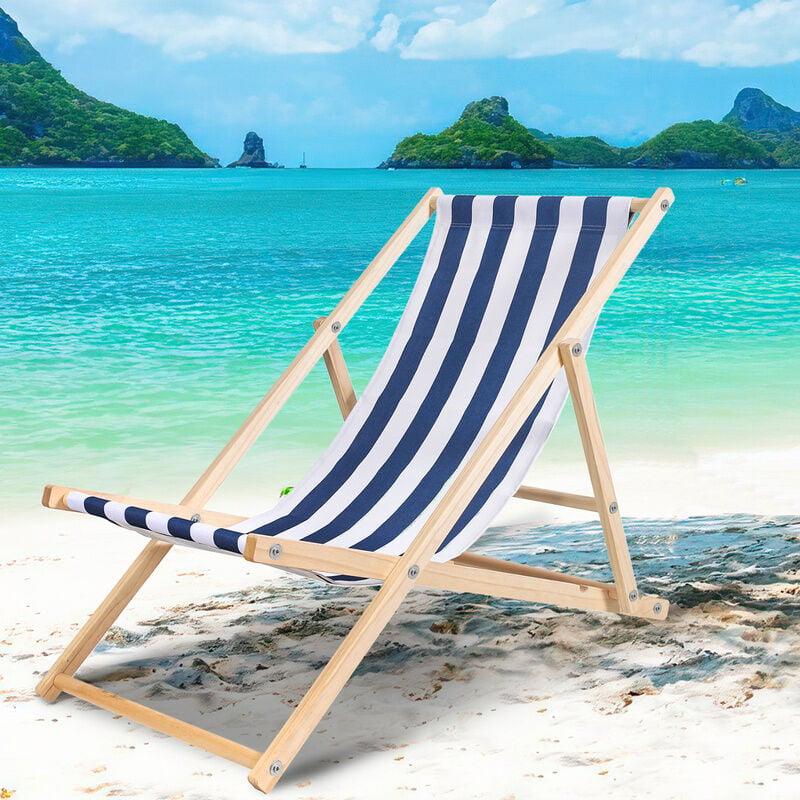 Chaise longue pliante en bois Chaise de plage 3 positions Chilienne transat jardin exterieur Bleu blanc - bleu blanc