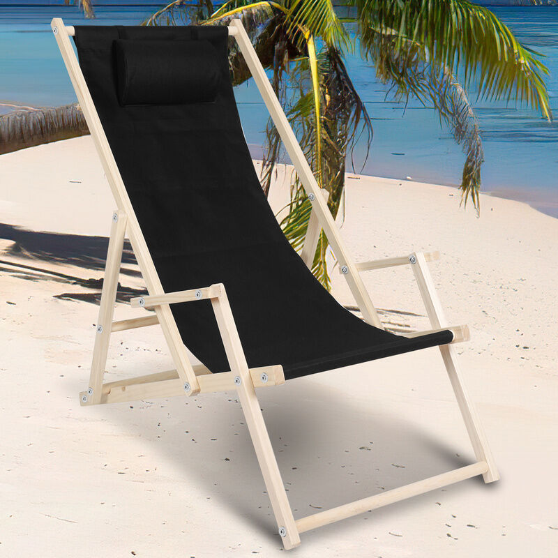 Vingo - Chaise longue pliante en bois Chaise de plage 3 positions Chilienne transat jardin exterieur noir Avec mains courantes - noir