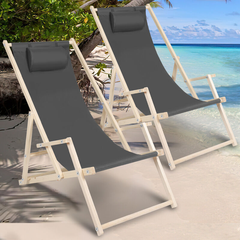 Chaise longue pliante en bois Chaise de plage 3 positions Chilienne transat jardin exterieur Gris Avec Mains Courantes 2 pièces - Gris