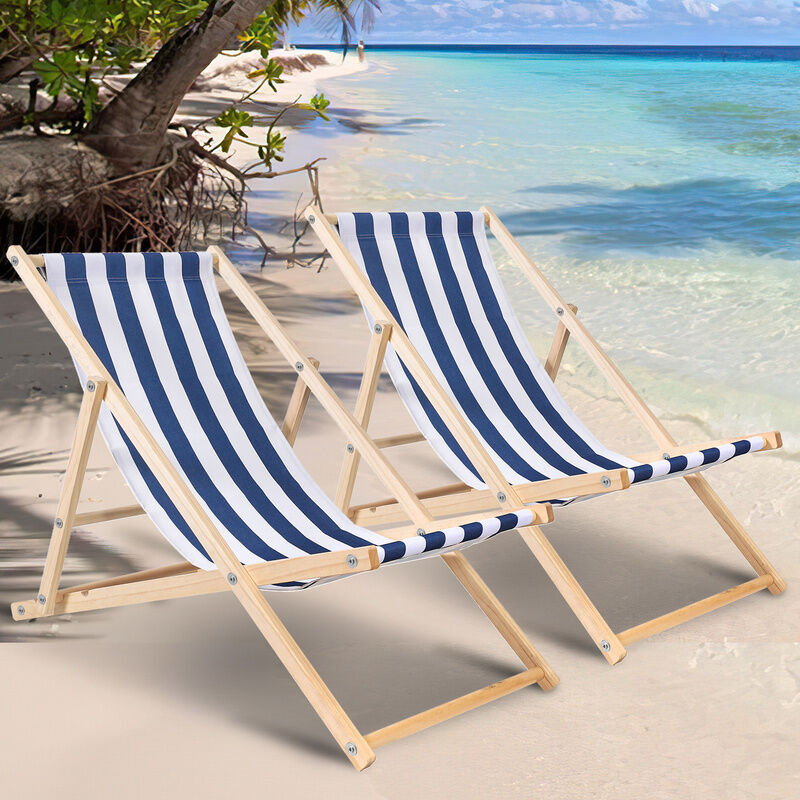 Chaise longue pliante en bois Chaise de plage 3 positions Chilienne transat jardin exterieur Bleu blanc 2 pièces - bleu blanc