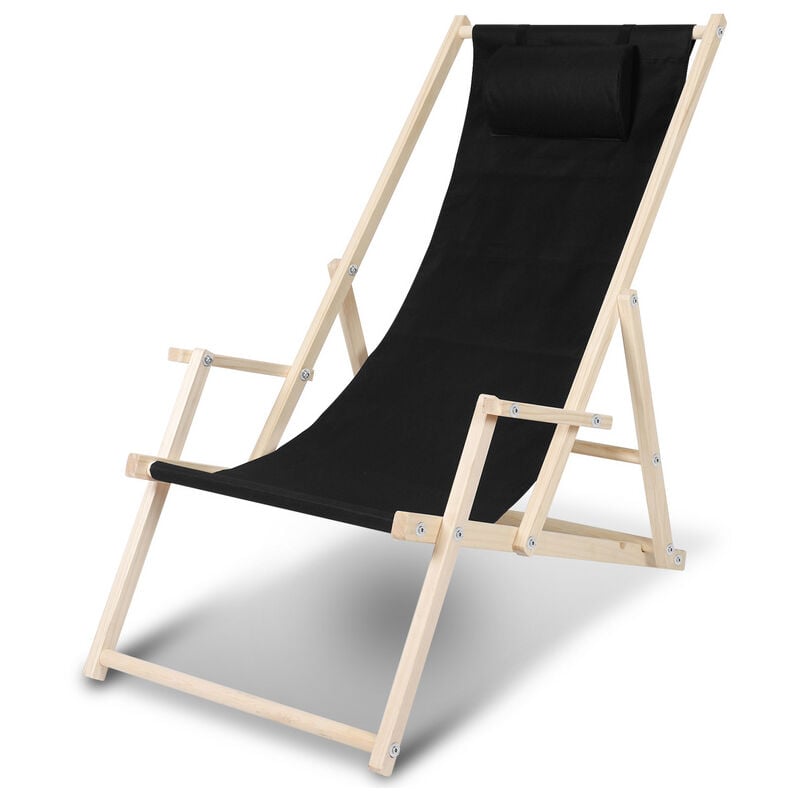 Einfeben - Chaise longue pliante en bois Chaise de plage 3 positions Chilienne transat jardin exterieur noir Avec mains courantes - noir