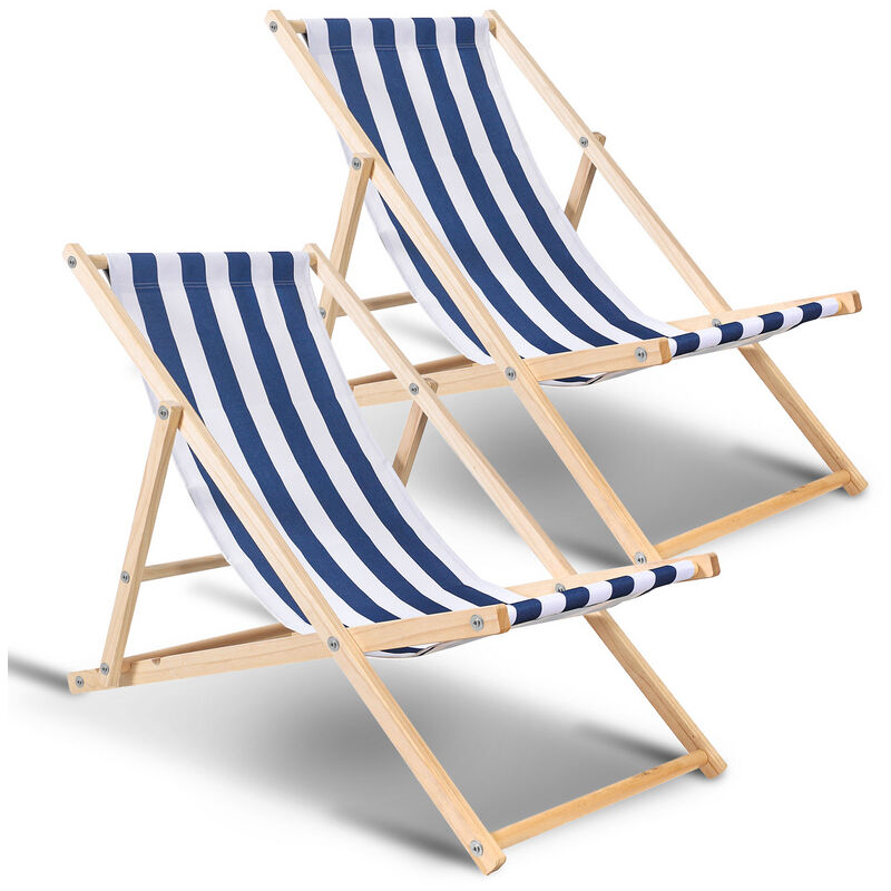 Einfeben - Chaise longue pliante en bois Chaise de plage 3 positions Chilienne transat jardin exterieur Bleu blanc 2 pièces - bleu blanc