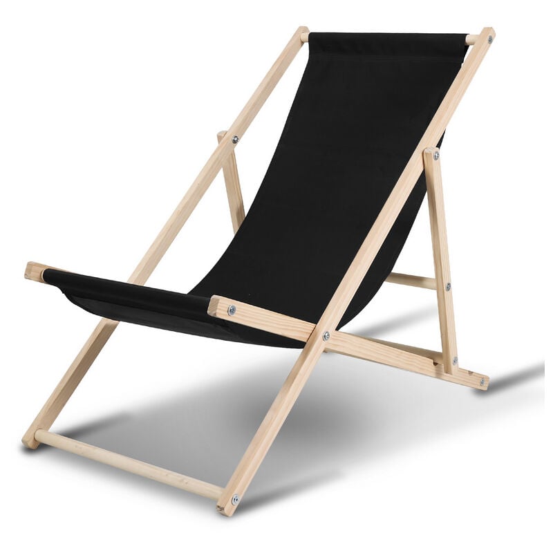 Einfeben - Chaise longue pliante en bois Chaise de plage 3 positions Chilienne transat jardin exterieur noir - noir