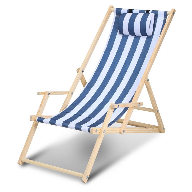 Einfeben - Chaise longue pliante en bois Chaise de plage 3 positions Chilienne transat jardin exterieur Bleu blanc Avec mains courantes - bleu blanc