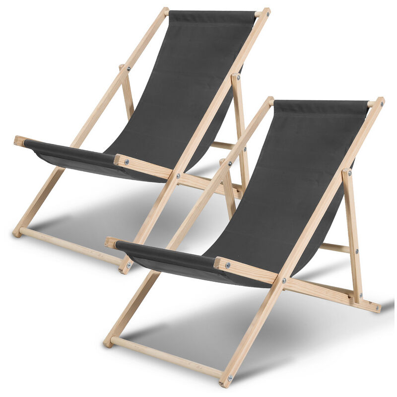 Chaise longue pliante en bois Chaise de plage 3 positions Chilienne transat jardin exterieur Gris 2 pièces - Gris