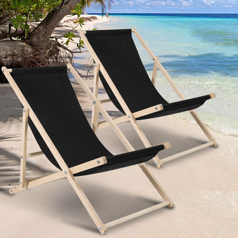 Einfeben - Chaise longue pliante en bois Chaise de plage 3 positions Chilienne transat jardin exterieur noir 2 pièces - noir