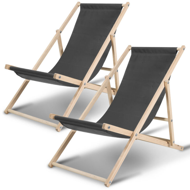 Chaise longue pliante en bois Chaise de plage 3 positions transat jardin exterieur Gris 2 pièces