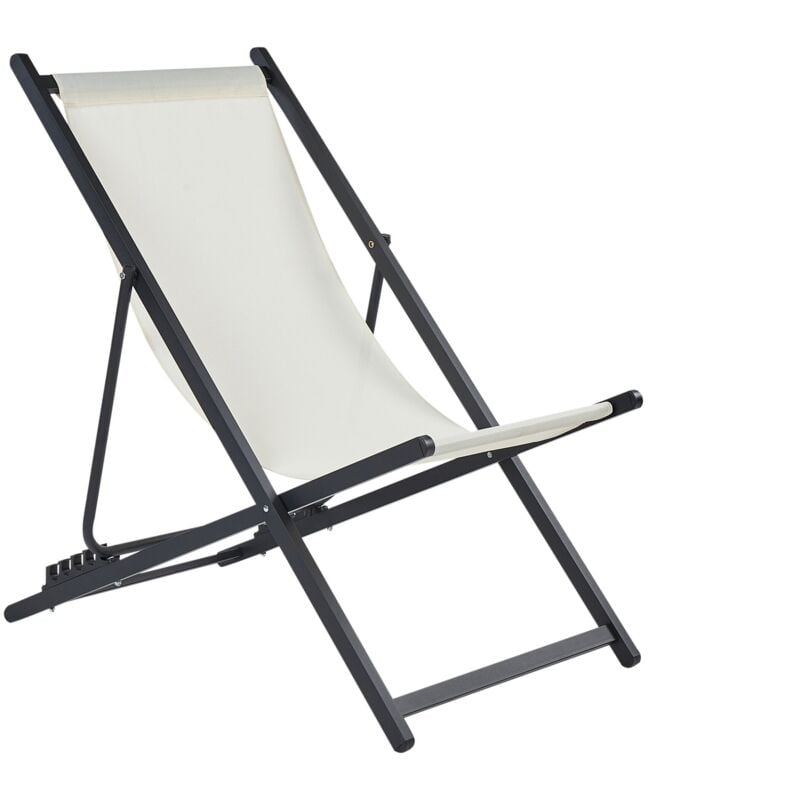 Chaise Longue Pliante et Inclinable pour l'Extérieur en Textilène Beige Crème et Cadre Métallique Noir Locri ii